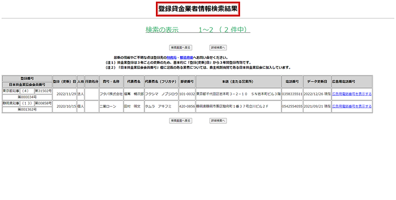 株式会社フタバの登録貸金業者情報検索サービス